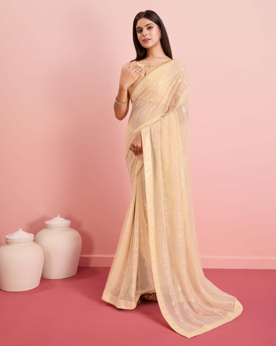 Party Wear Soft Premium Georgette Cream Saree Net Sarees