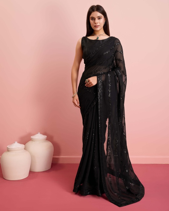 Party Wear Soft Premium Georgette Black Saree Net Sarees