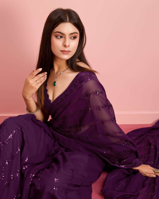 Party Wear Soft Premium Georgette Purple Saree Net Sarees