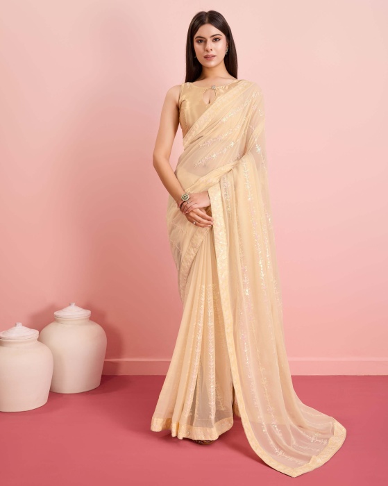 Party Wear Soft Premium Georgette Cream Saree Net Sarees