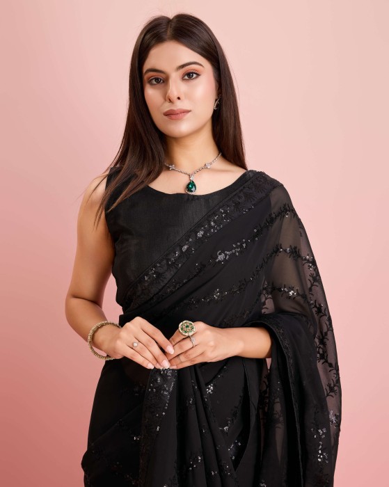 Party Wear Soft Premium Georgette Black Saree Net Sarees