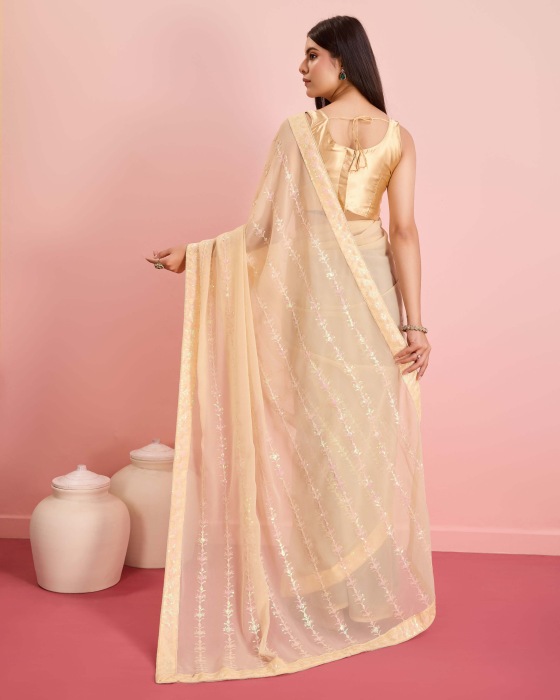 Party Wear Soft Premium Georgette Cream Saree Net Sarees