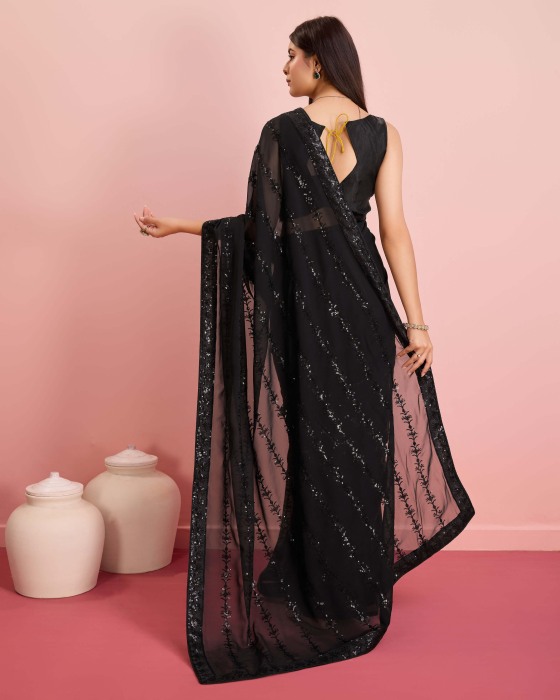 Party Wear Soft Premium Georgette Black Saree Net Sarees