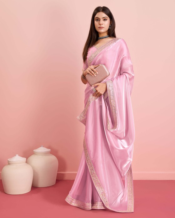 Party Wear Soft Premium Zimmy Chu  silk Saree Pink Net Sarees