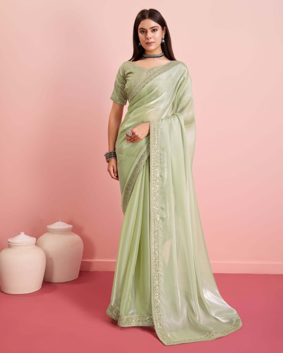 Party Wear Soft Premium Zimmy Chu  silk Saree Pista Net Sarees