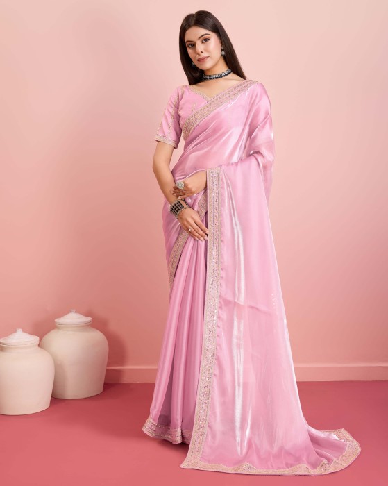 Party Wear Soft Premium Zimmy Chu  silk Saree Pink Net Sarees