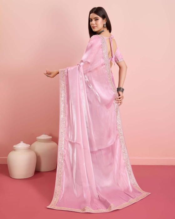 Party Wear Soft Premium Zimmy Chu  silk Saree Pink Net Sarees