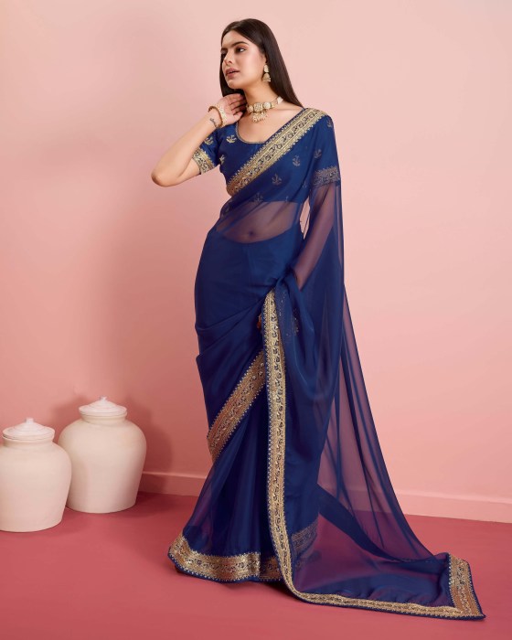 Party Wear Taby Silk Organza Blue Saree  Net Sarees