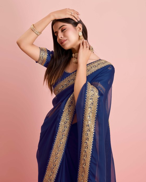 Party Wear Taby Silk Organza Blue Saree  Net Sarees