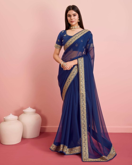 Party Wear Taby Silk Organza Blue Saree  Net Sarees