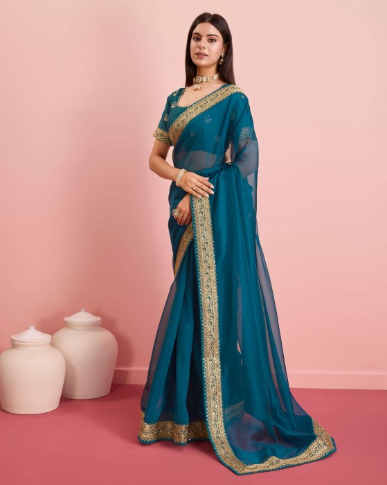 Party Wear Taby Silk Organza Green Saree  Net Sarees