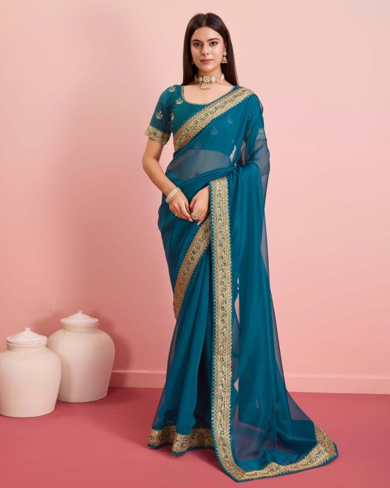 Party Wear Taby Silk Organza Green Saree  Net Sarees