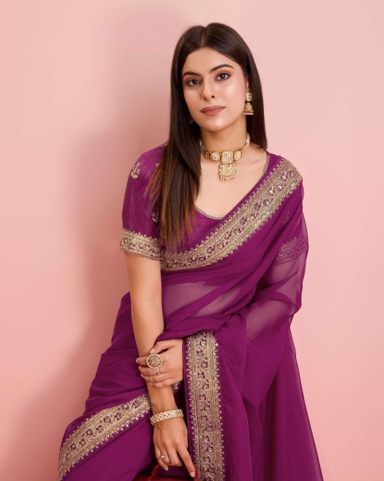 Party Wear Taby Silk Organza Purple Saree  Net Sarees