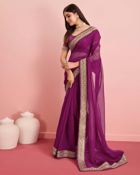 Party Wear Taby Silk Organza Purple Saree  Net Sarees