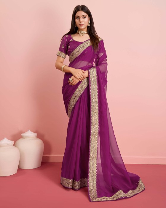 Party Wear Taby Silk Organza Purple Saree  Net Sarees