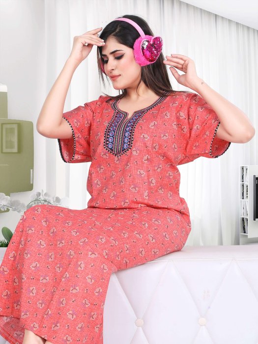 peach cotton night maxi printed with embroidery design  cotton night gown