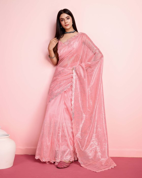 Peach Silver Twill  Net fabric with Sequins work Saree