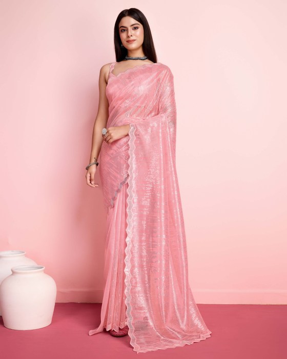 Peach Silver Twill  Net fabric with Sequins work Saree Net Sarees