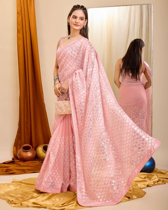 Pink Georgette  fabric with C pallu All Over Sequence Work Net Sarees