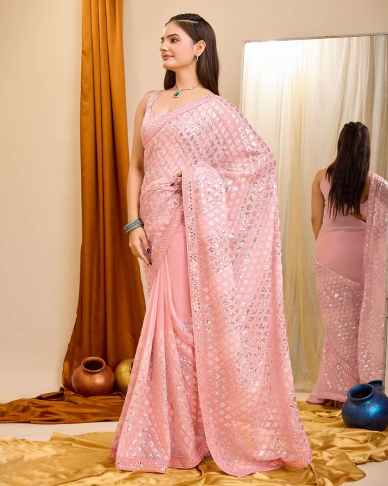 Pink Georgette  fabric with C pallu All Over Sequence Work Net Sarees