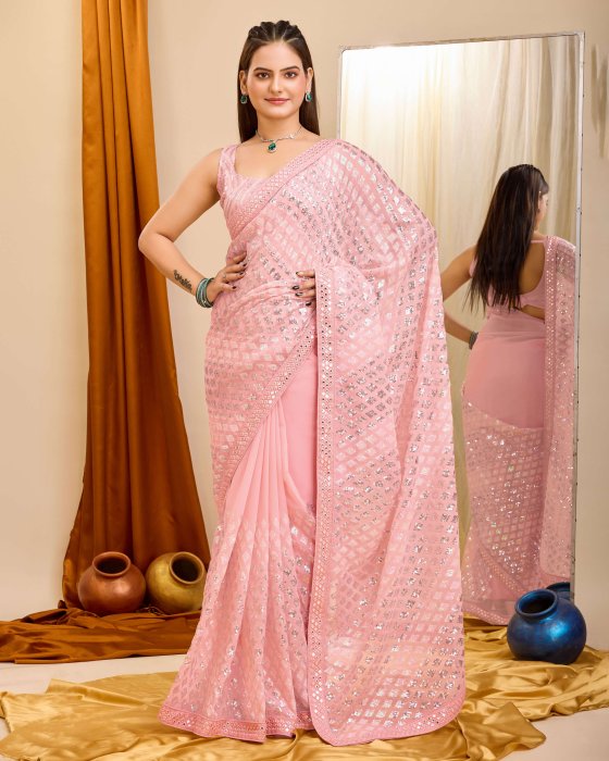 Pink Georgette  fabric with C pallu All Over Sequence Work Net Sarees