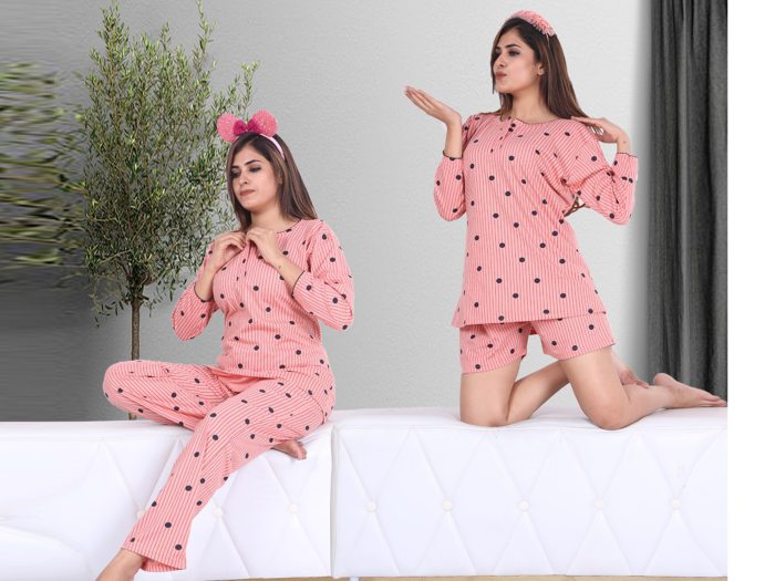 pink hosiery cotton sinkar top with pyjama set night suit women night suit