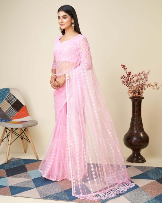 Pink Net fabric Embroidery work Rasam Sarees