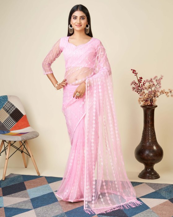 Pink Net fabric Embroidery work Rasam Sarees Net Sarees