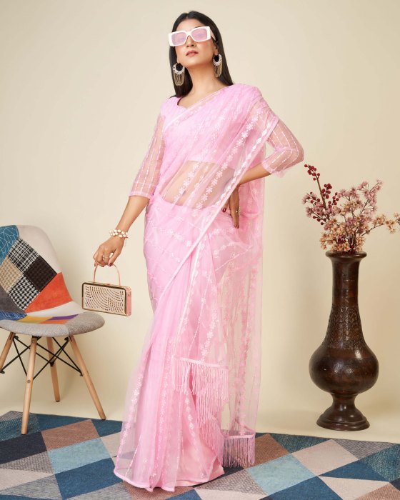 Pink Net fabric Embroidery work Rasam Sarees Net Sarees