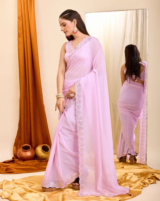 Pink Organza Silk fabric with Copper Sequins work Net Sarees