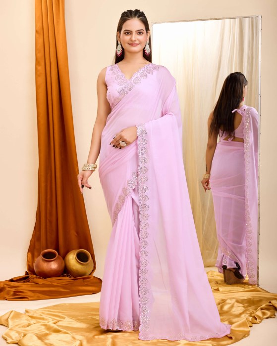 Pink Organza Silk fabric with Copper Sequins work Net Sarees