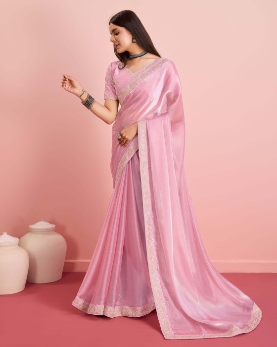 Pink Party Wear Soft Premium Burberry silk Saree Net Sarees