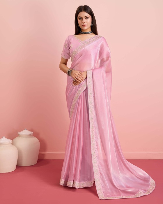 Pink Party Wear Soft Premium Burberry silk Saree Net Sarees