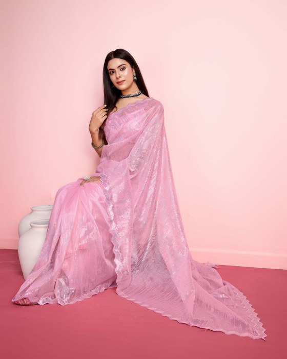Pink Silver Twill  Net fabric with Sequins work Saree