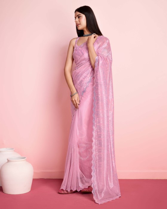 Pink Silver Twill  Net fabric with Sequins work Saree Net Sarees