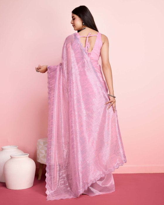 Pink Silver Twill  Net fabric with Sequins work Saree Net Sarees