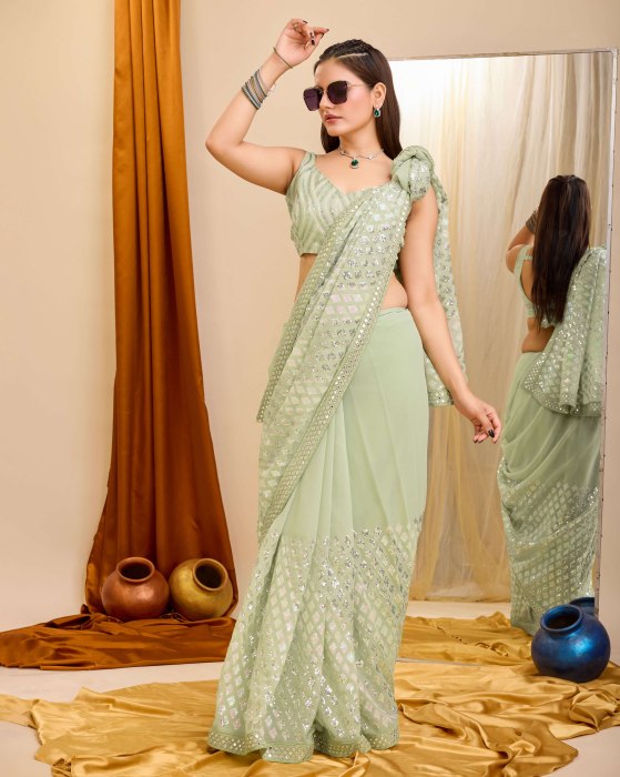 Pista Georgette  fabric with C pallu All Over Sequence Work Sarees