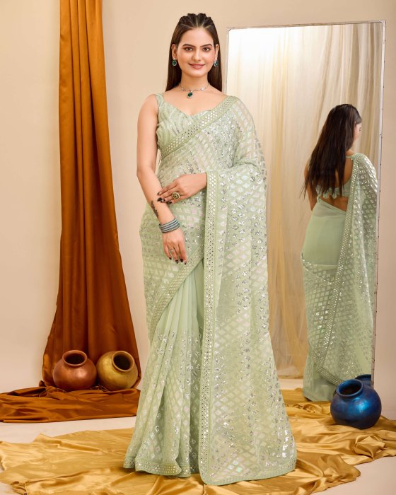 Pista Georgette  fabric with C pallu All Over Sequence Work Net Sarees