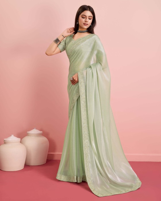 Pista Party Wear Soft Premium Burberry silk Saree Net Sarees