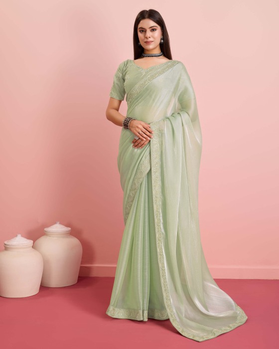 Pista Party Wear Soft Premium Burberry silk Saree Net Sarees