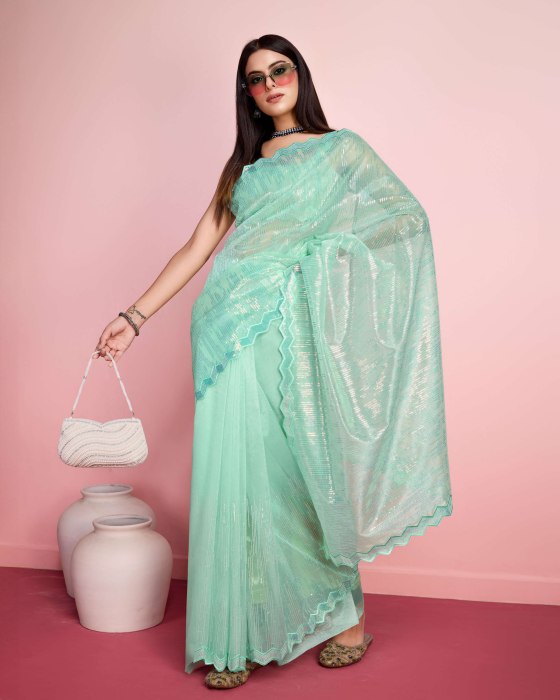 Pista Silver Twill  Net fabric with Sequins work Saree Net Sarees