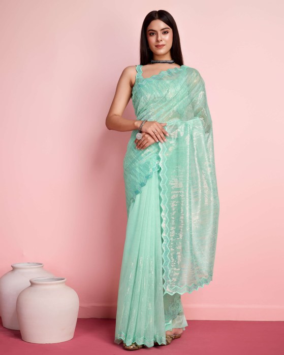 Pista Silver Twill  Net fabric with Sequins work Saree Net Sarees