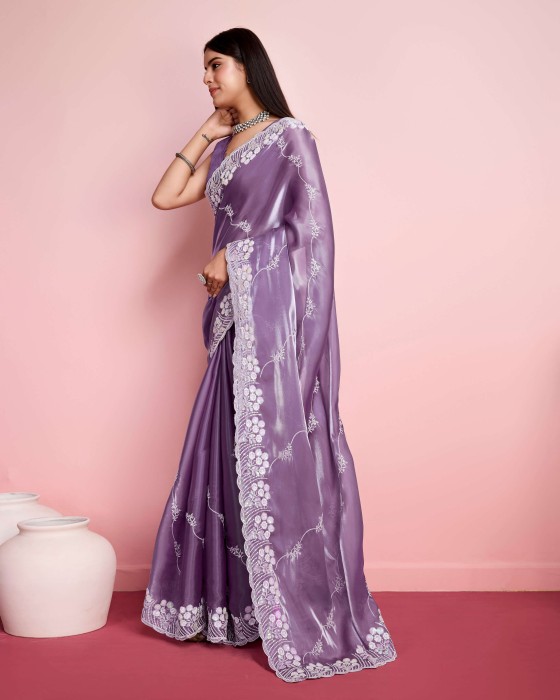 premium Soft Zimmy chu  Silk fabric with C pallu Embroidered work Purple Saree Net Sarees