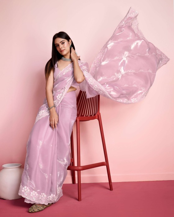 premium Soft Zimmy chu  Silk fabric with C pallu Embroidered work Pink Saree