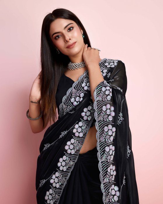 premium Soft Zimmy chu  Silk fabric with C pallu Embroidered work Black Saree Net Sarees