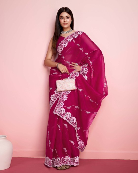 premium Soft Zimmy chu  Silk fabric with C pallu Embroidered work Rani Saree