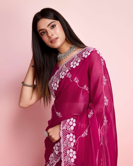 premium Soft Zimmy chu  Silk fabric with C pallu Embroidered work Rani Saree Net Sarees