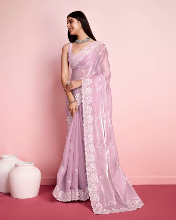 premium Soft Zimmy chu  Silk fabric with C pallu Embroidered work Pink Saree Net Sarees