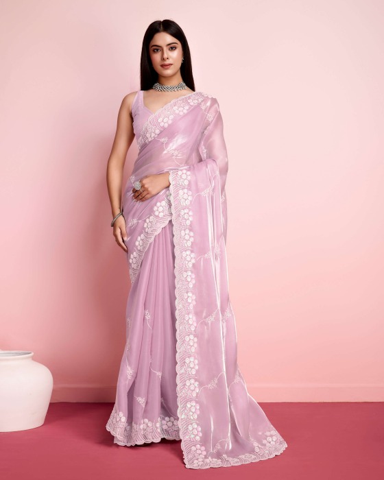 premium Soft Zimmy chu  Silk fabric with C pallu Embroidered work Pink Saree Net Sarees