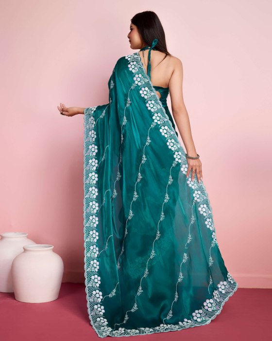 premium Soft Zimmy chu  Silk fabric with C pallu Embroidered work Green Saree Net Sarees